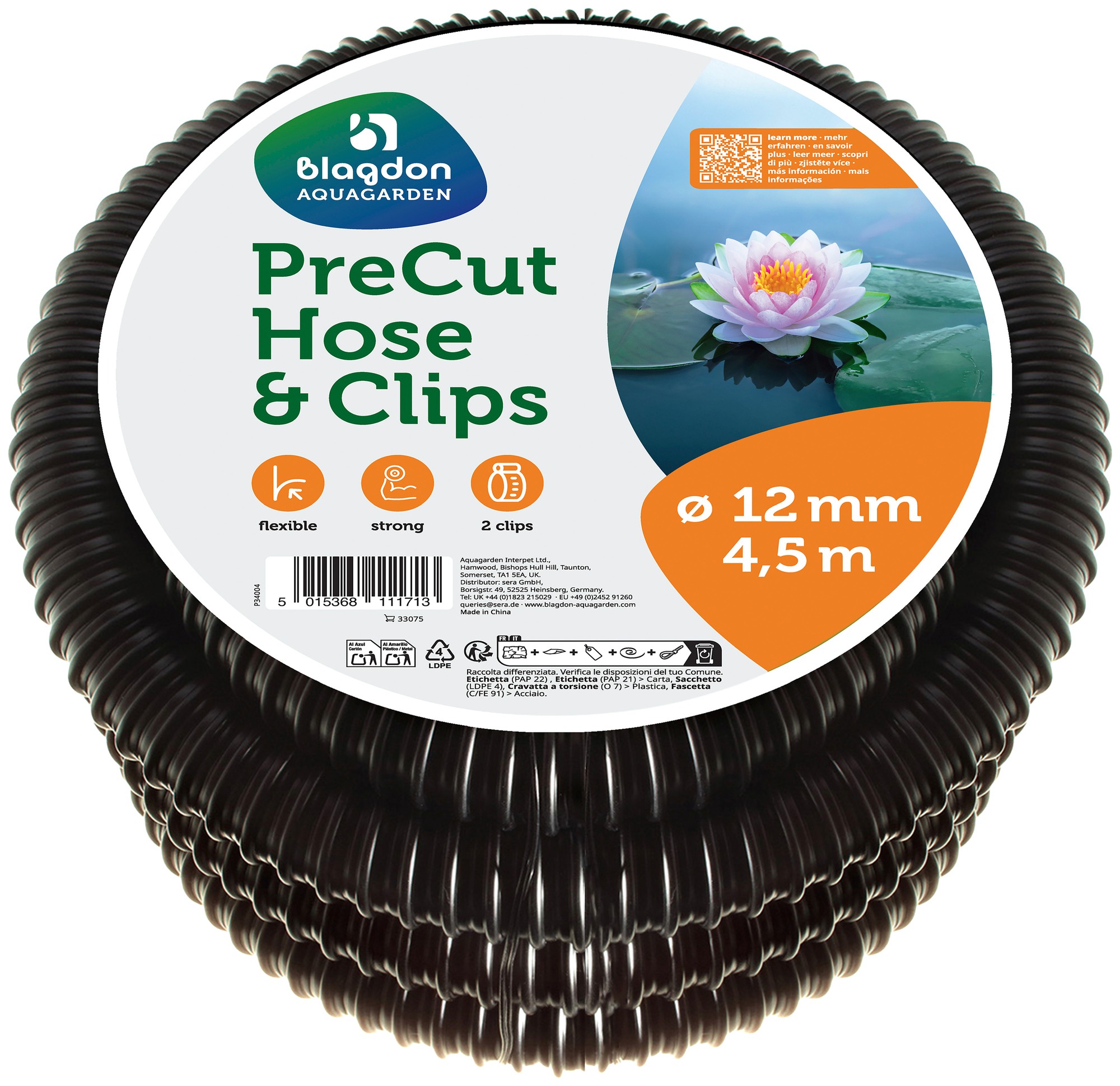 Blagdon Aquagarden PreCut Hose & Clips S (4,5m x 12mm) - Manguera flexible estanques de 4,5 m (12 mm) orificio liso y abrazaderas de seguridad.